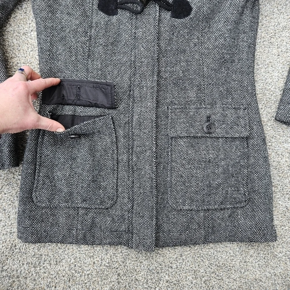 Prana Megan Black Tweed Duffle Wool Blend Jacket Sherpa Hood Toggle Womens XS